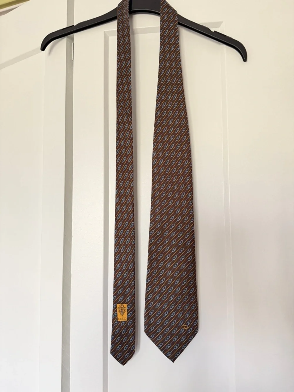 GUCCI vintage brown men's silk neck tie chain print